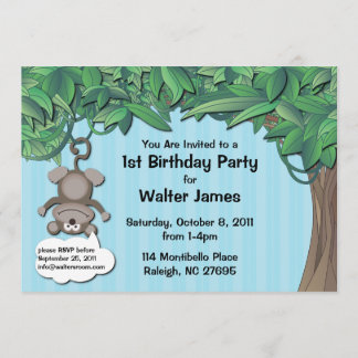 Cute Monkey Jungle Birthday Party Blue Invitation