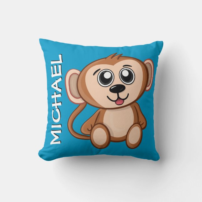 Cute Monkey Jungle Blue Cartoon Rainforest Name Cushion (Front)