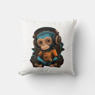 Cute Monkey Listening Music, Music Immersed Monkey Cushion