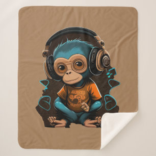 Cute Monkey Listening Music, Music Immersed Monkey Sherpa Blanket