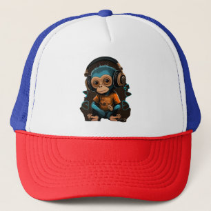 Cute Monkey Listening Music, Music Immersed Monkey Trucker Hat