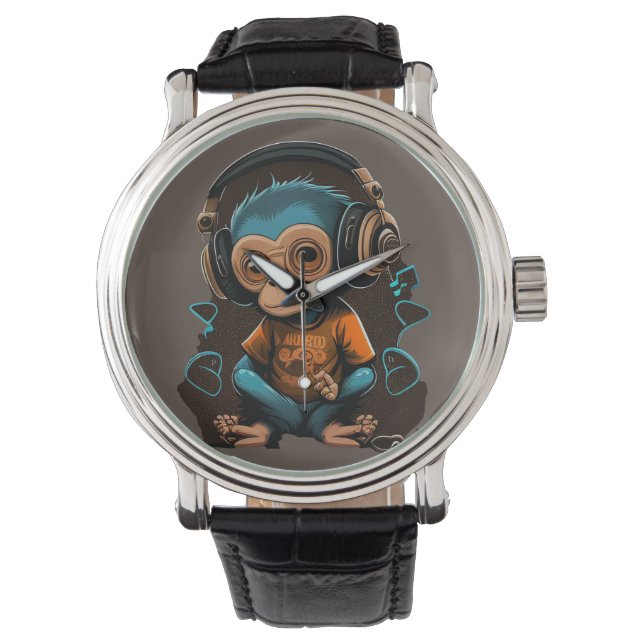 Cute Monkey Listening Music, Music Immersed Monkey Watch (Front)