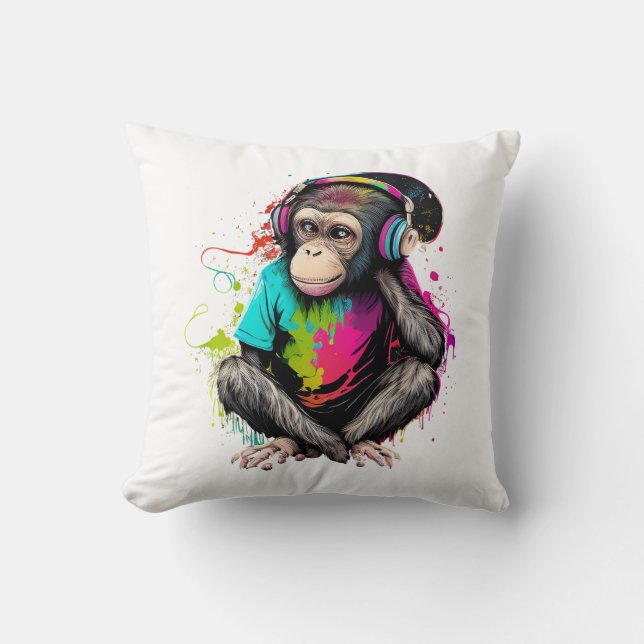 Cute Monkey Listening Music, Music Obsessed Monkey Cushion (Front)
