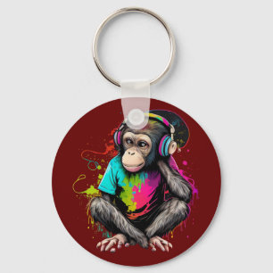 Cute Monkey Listening Music, Music Obsessed Monkey Key Ring