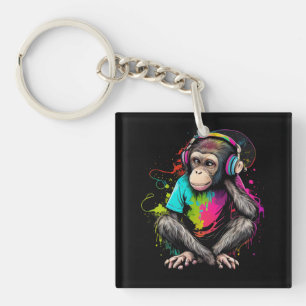 Cute Monkey Listening Music, Music Obsessed Monkey Key Ring