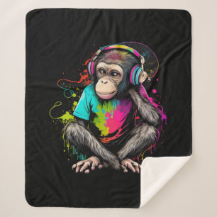 Cute Monkey Listening Music, Music Obsessed Monkey Sherpa Blanket