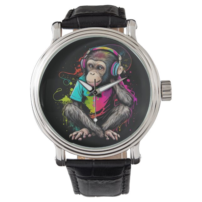 Cute Monkey Listening Music, Music Obsessed Monkey Watch (Front)