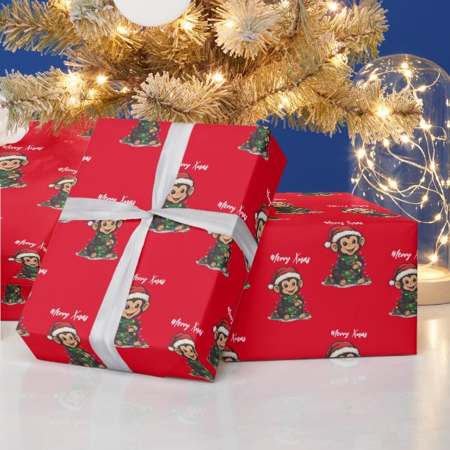 Cute monkey Merry Christmas tree winter Xmas Wrapping Paper (Holidays)