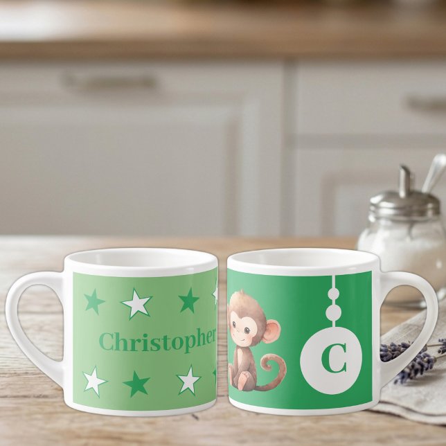 Cute monkey name initial green espresso cup (Creator Uploaded)