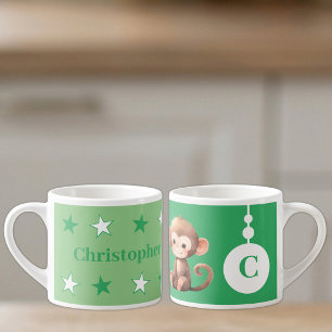 Cute monkey name initial green espresso cup