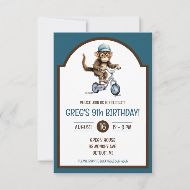 Cute Monkey on a Bicycle Birthday Party Invitation (Front)