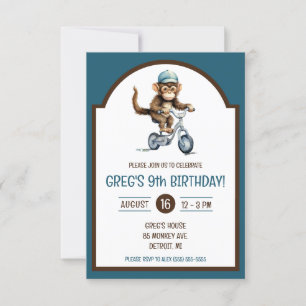 Cute Monkey on a Bicycle Birthday Party Invitation