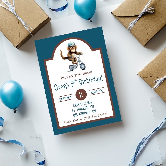 Cute Monkey on a Bicycle Birthday Party Invitation (Creator Uploaded)