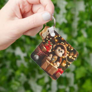 Cute monkey on a Christmas gift Key Ring