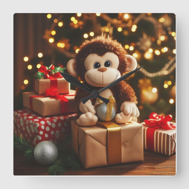 Cute monkey on a Christmas gift Square Wall Clock (Front)
