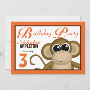 Cute Monkey Orange Birthday Party Invitations