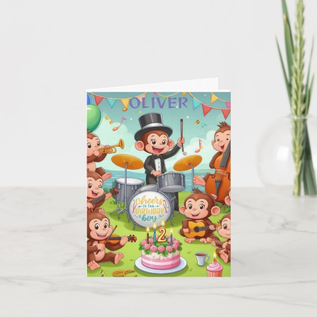 cute monkey orchestra 2 year old birthday boy Baby Holiday Card (Front)