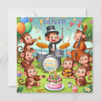 cute monkey orchestra 2 year old birthday boy Baby Holiday Card