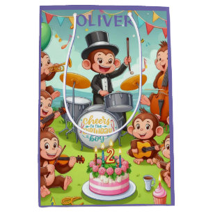 Cute monkey orchestra 2 year old birthday boy Baby Medium Gift Bag