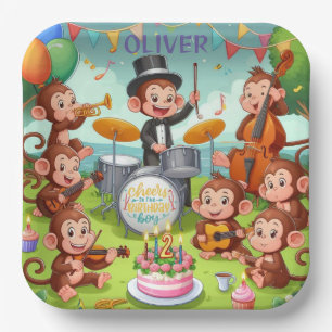 Cute monkey orchestra 2 year old birthday boy Baby Paper Plate