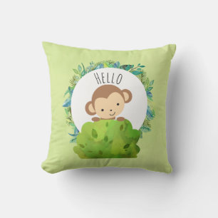 Cute Monkey Peeking Out from Behind a Bush Hello Cushion
