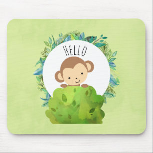 Cute Monkey Peeking Out from Behind a Bush Hello Mouse Mat