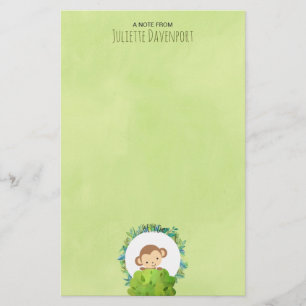 Cute Monkey Peeking Out from Behind a Bush Hello Stationery