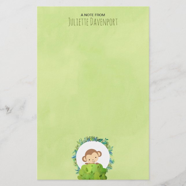 Cute Monkey Peeking Out from Behind a Bush Hello Stationery (Front)