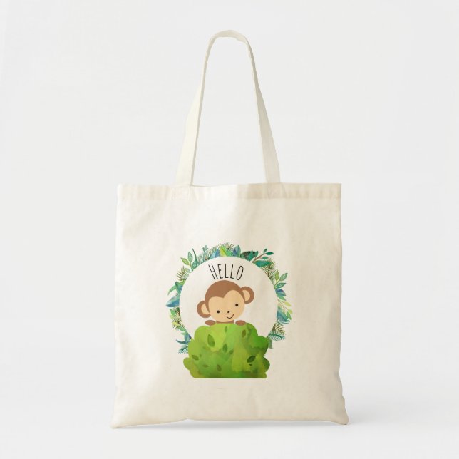 Cute Monkey Peeking Out from Behind a Bush Hello Tote Bag (Front)