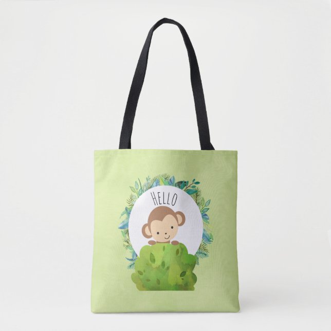 Cute Monkey Peeking Out from Behind a Bush Hello Tote Bag (Front)