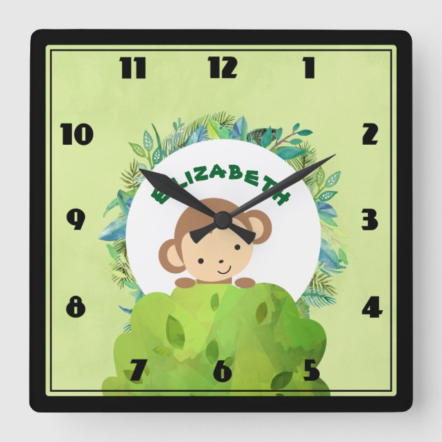 Cute Monkey Peeking Out from Behind a Bush Square Wall Clock (Front)
