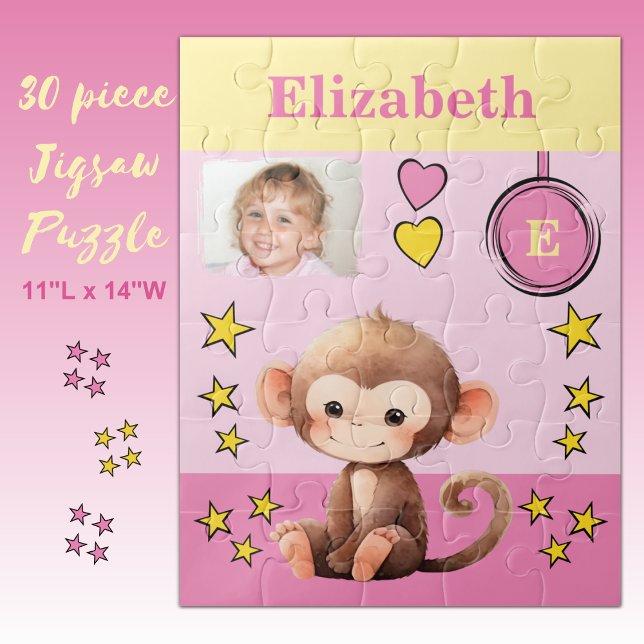 Cute monkey photo name pink yellow kids jigsaw puzzle (Creator Uploaded)