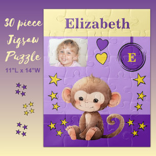Cute monkey photo name purple yellow kids jigsaw puzzle