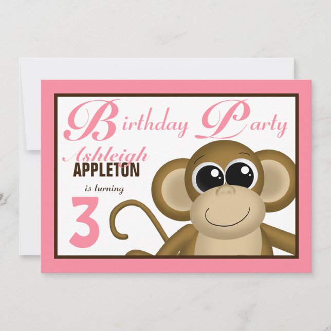 Cute Monkey Pink Birthday Party Invitations (Front)
