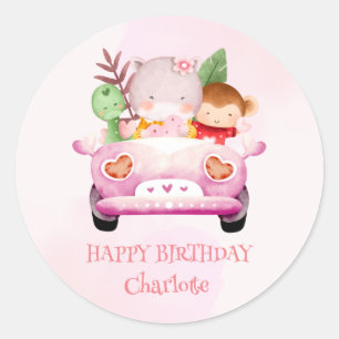 Cute Monkey Race car Safari jungle Birthday party Classic Round Sticker