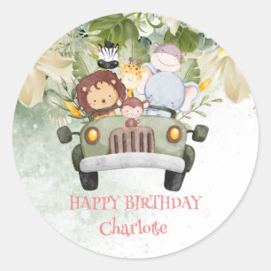 Cute Monkey Race car Safari jungle Birthday party Classic Round Sticker