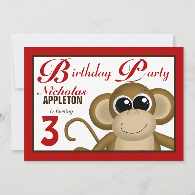 Cute Monkey Red Birthday Party Invitations (Front)