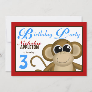 Cute Monkey Red & Blue Birthday Party Invitations