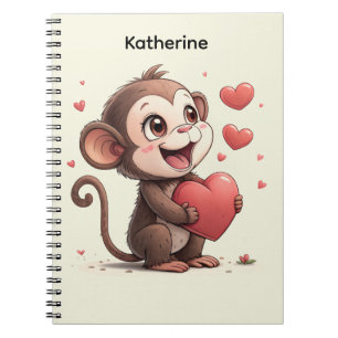Cute Monkey Red Hearts Spiral Notebook 