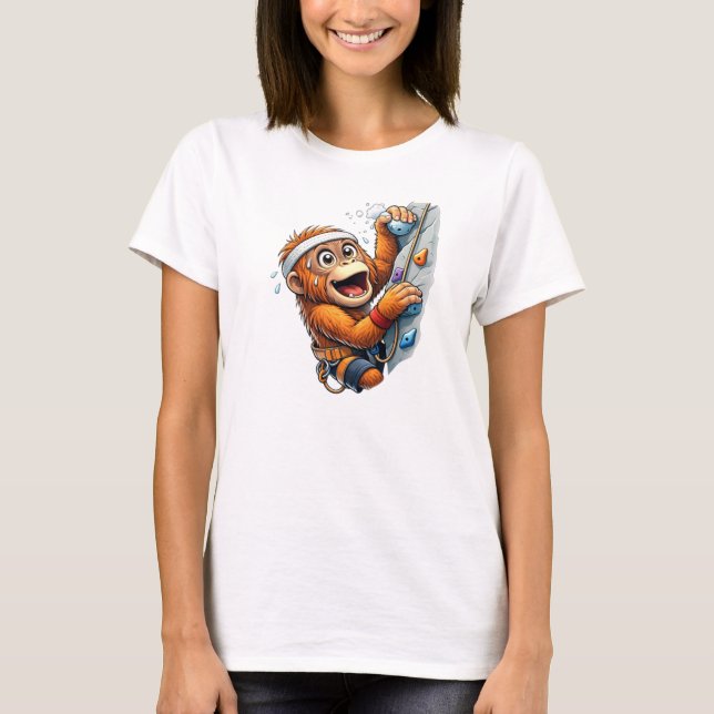 Cute Monkey Rock Climbing Cartoon T-Shirt (Front)