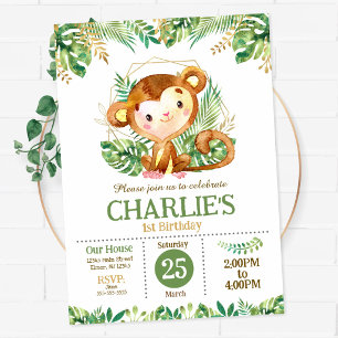Cute Monkey Safari Jungle Party 1st Birthday Invitation