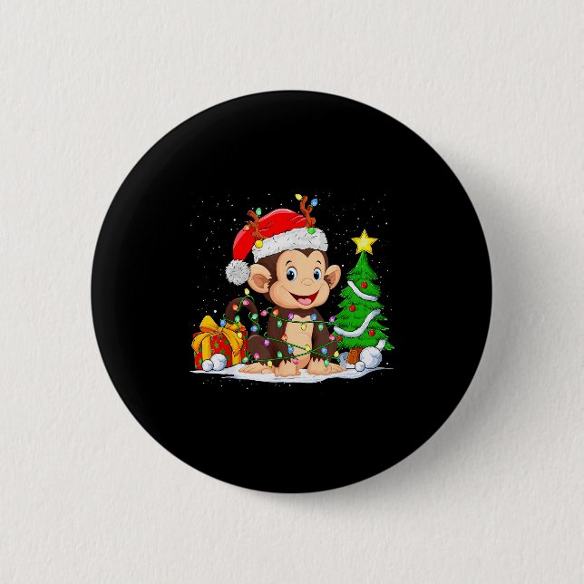 Cute Monkey Santa Christmas Tree Lights Xmas Pajam 6 Cm Round Badge (Front)
