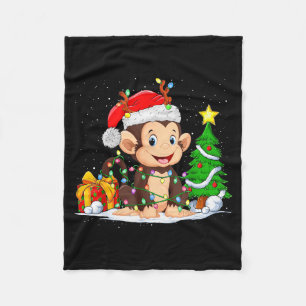 Cute Monkey Santa Christmas Tree Lights Xmas Pajam Fleece Blanket