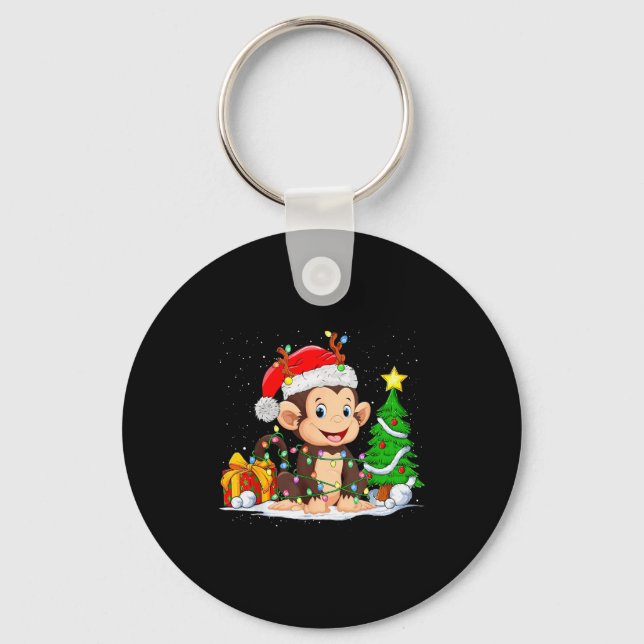 Cute Monkey Santa Christmas Tree Lights Xmas Pajam Key Ring (Front)