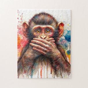 Cute Monkey Speak No Evil Art Jigsaw Puzzle