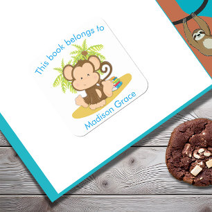 Cute Monkey This Book Belongs To Bookplate Square Sticker