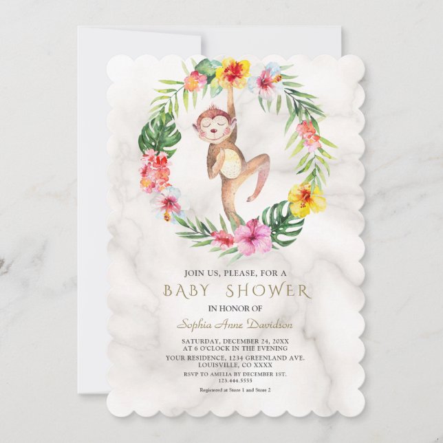 Cute Monkey Tropical Floral Girl Baby Shower Invitation (Front)