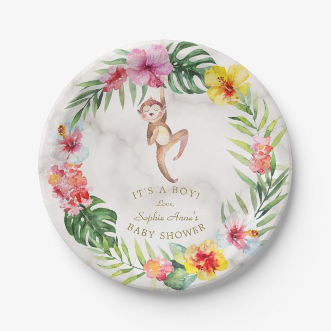 Cute Monkey Tropical Floral Girl Baby Shower Paper Plate (Front)