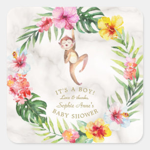 Cute Monkey Tropical Floral Girl Baby Shower Square Sticker