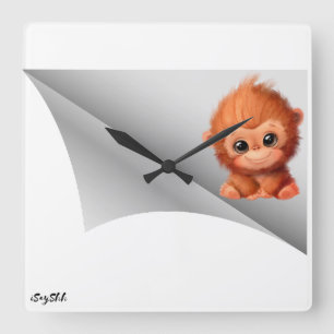 cute monkey under the patch square wall clock